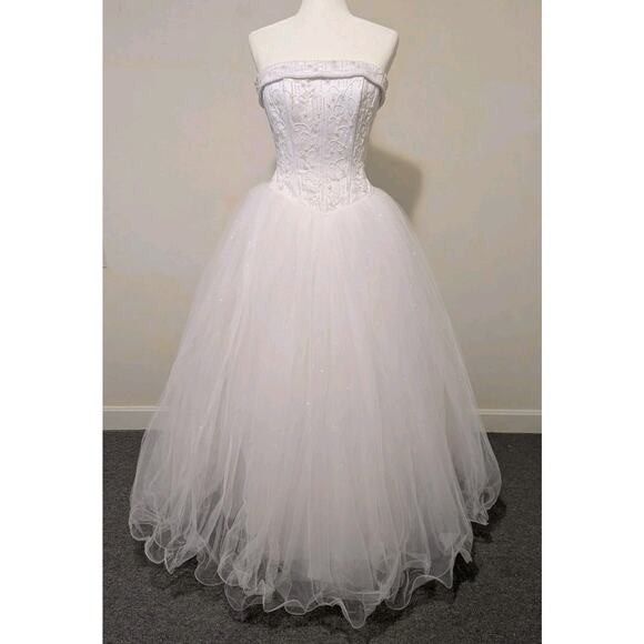 Strapless Corset Floral Beaded Basque Waist Debutant Ball Gown Wedding Dress Sz8 - Picture 1 of 15